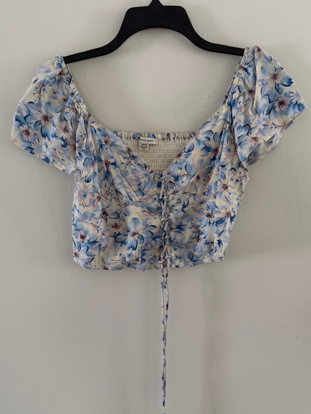 American Eagle Outfitters Light Blue Floral Lace-Up Crop Top